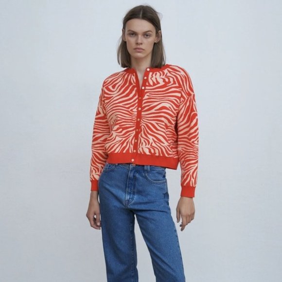 NWT Zara Zebra Orange Sweater Jacket Cardigan  Medium - Picture 3 of 12